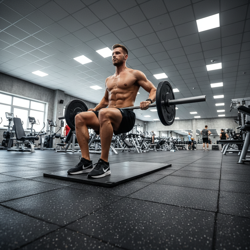 Man doing barbell hip thrust with bench support, gym setting, athletic build