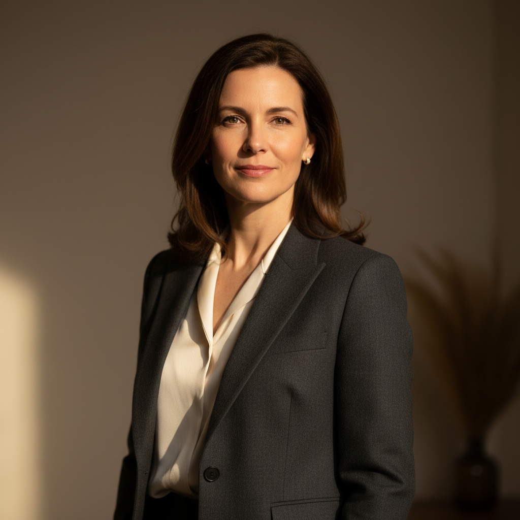 Margot Ellison, a poised woman in her 40s wearing a tailored charcoal blazer, photographed in a minimalist studio with warm side-lighting
