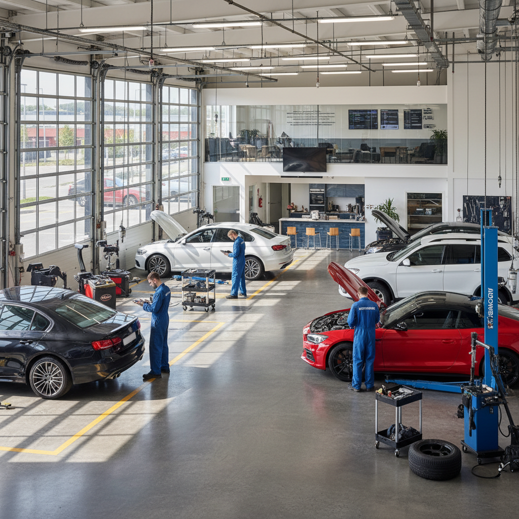 Mechanic working on electric vehicle in modern service center, clean workshop environment