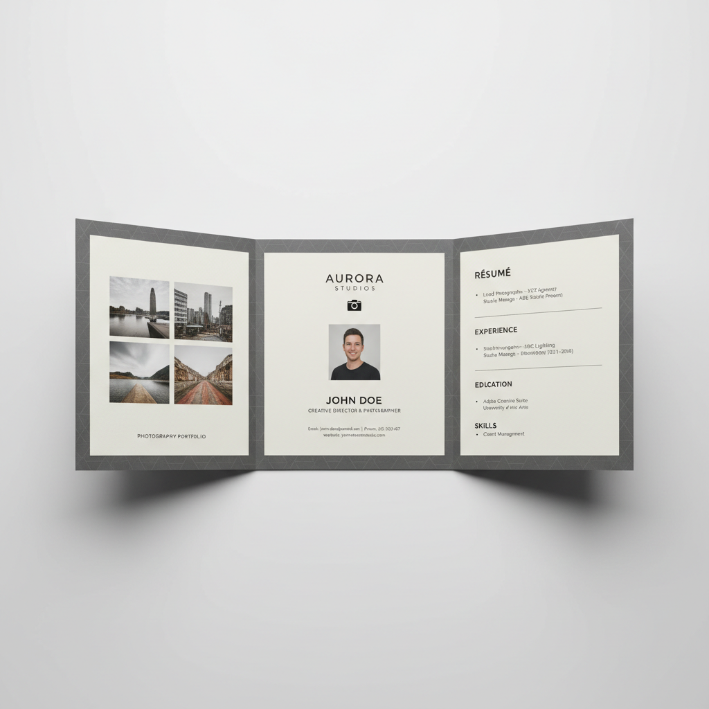 Tri-fold portfolio mailer design spread open showing photography portfolio and résumé combined