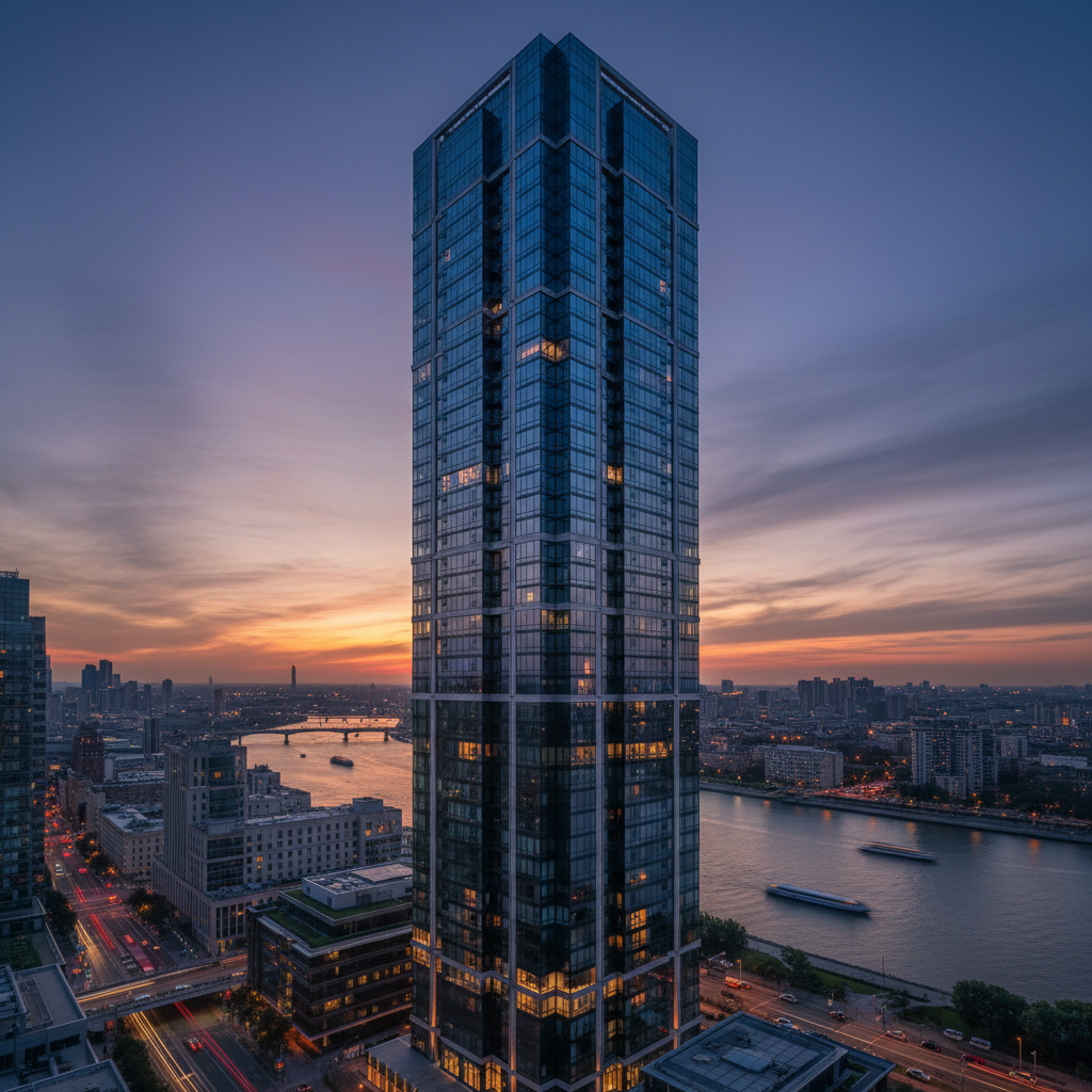Tall residential tower in Chicago with glass facade at dusk