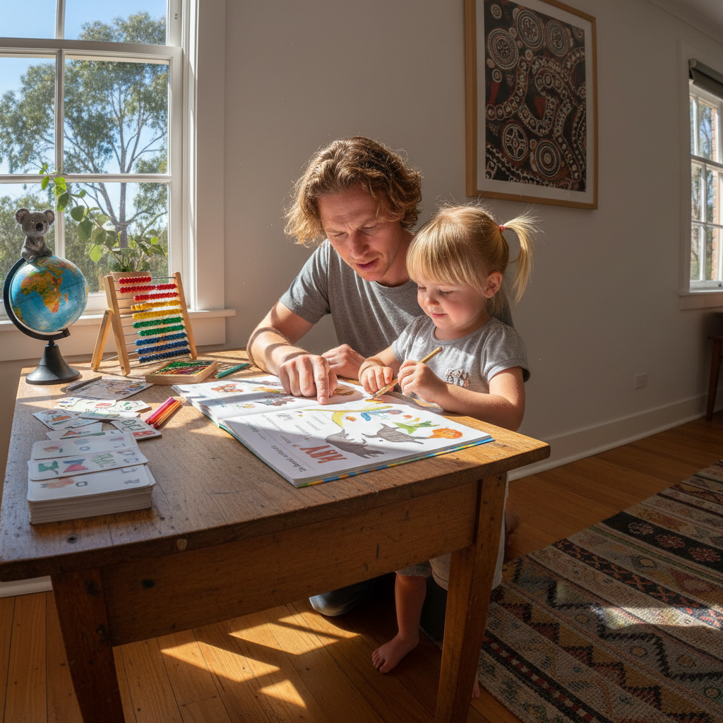 Child doing maths exercises at a bright kitchen counter with natural morning light