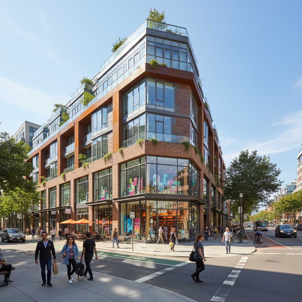 Mixed-use urban building with retail storefront on ground floor and residential units above
