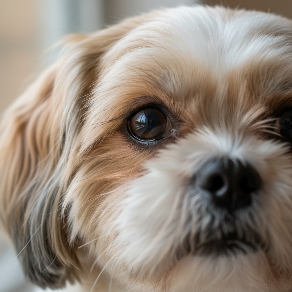 Shih Tzu face in extreme close-up, one dark eye gleaming, chrysanthemum fur radiating outward, shallow depth of field with creamy bokeh background