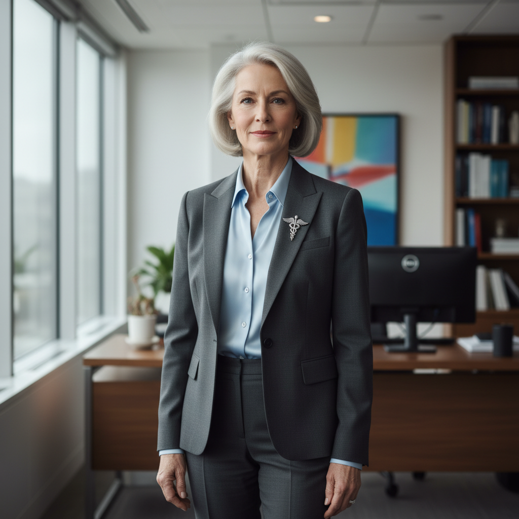 Woman in healthcare attire with professional demeanor