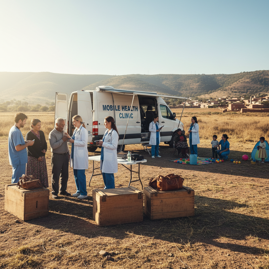 Rural healthcare workers at mobile clinic, documentary campaign still