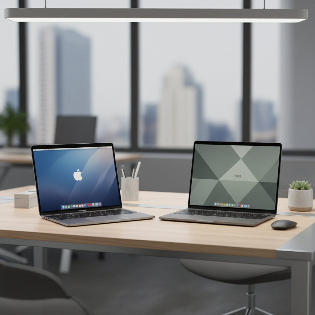 Two laptops side by side on wooden desk showing Microsoft Office applications, warm office lighting, professional workspace