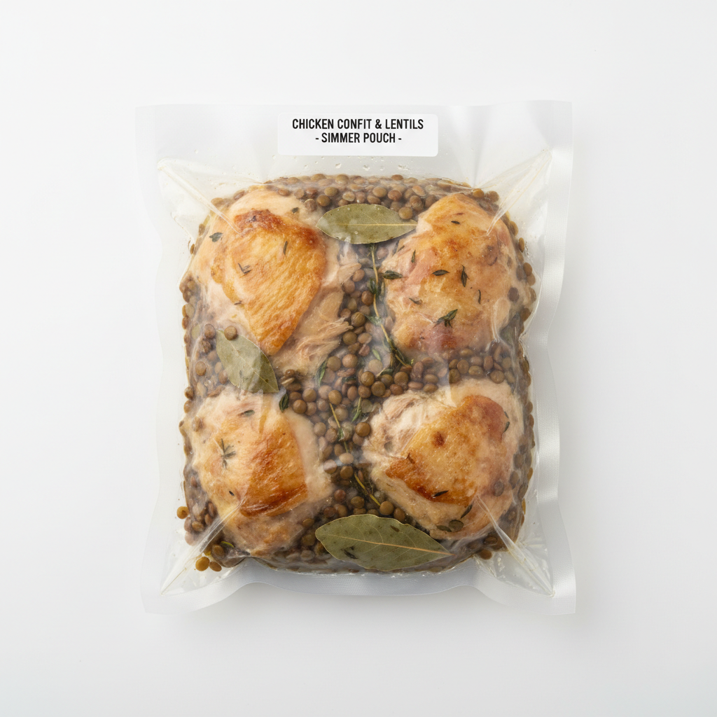 Vacuum-sealed Simmer pouch of Chicken Confit and Lentils