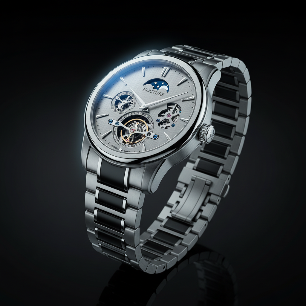 Luxury watch brand film video thumbnail with cinematic dark background and product spotlight