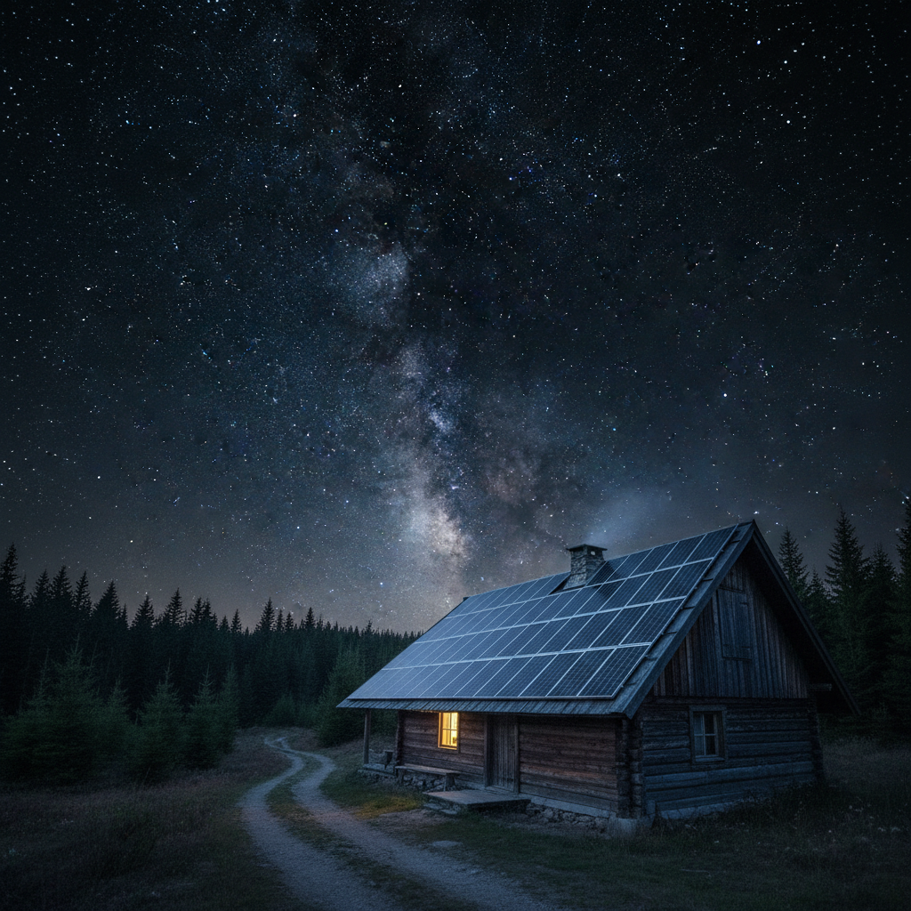 Night photograph of a solar panel array mounted on a cabin roof with stars visible, representing off-grid power independence
