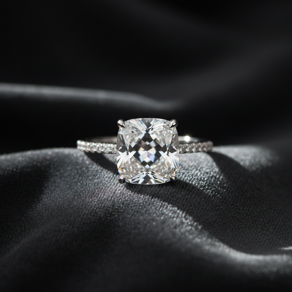 Close-up of brilliant diamond solitaire ring on dark velvet surface, warm gold light refracting through facets, deep shadows
