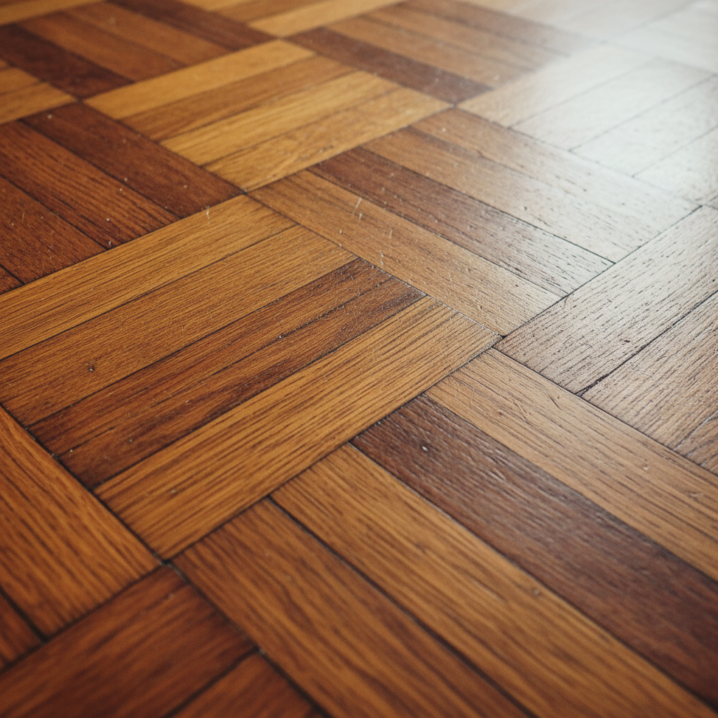 Close-up of original Altbau herringbone parquet flooring in warm amber tones