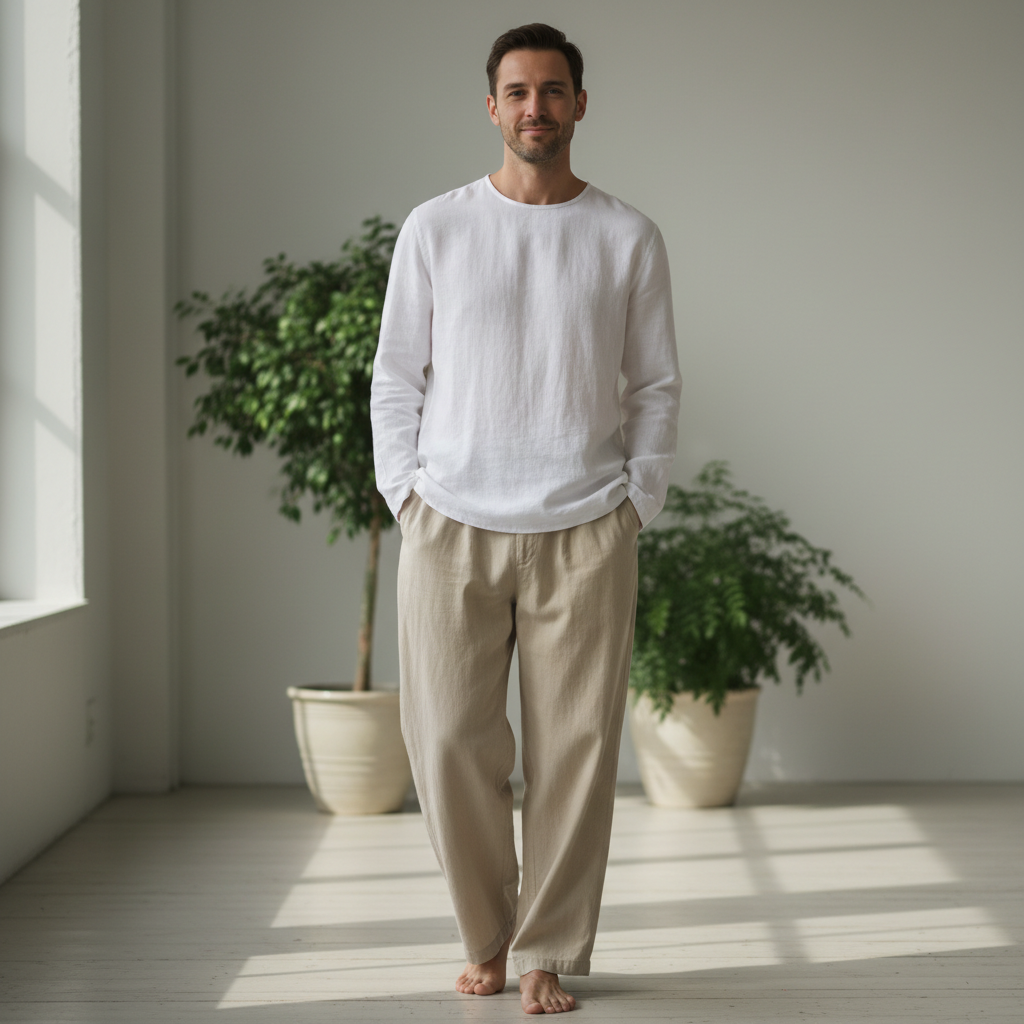 Homem jovem usando camisa social moderna e calça bem ajustada, visual clean e elegante