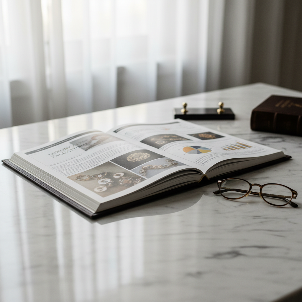 Open luxury appraisal report on a marble desk with reading glasses beside it