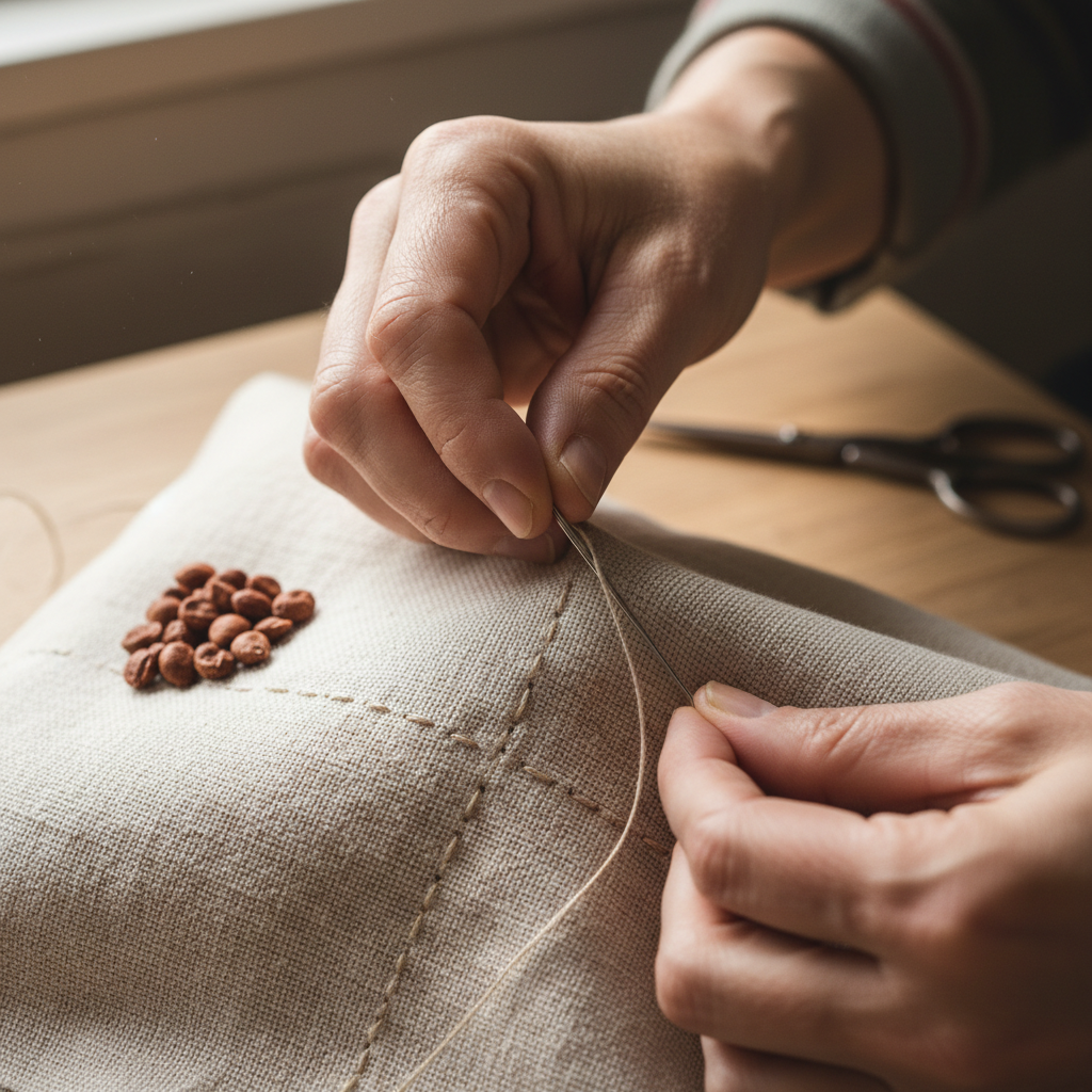 Artisan craftsperson carefully hand-stitching a natural mattress layer with organic cotton fabric in a well-lit workshop
