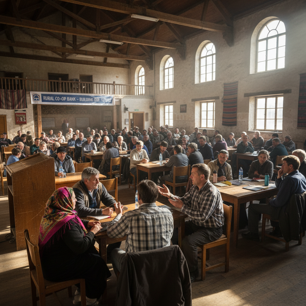 Asamblea de socios de la caja rural en amplio local comunitario con luz natural