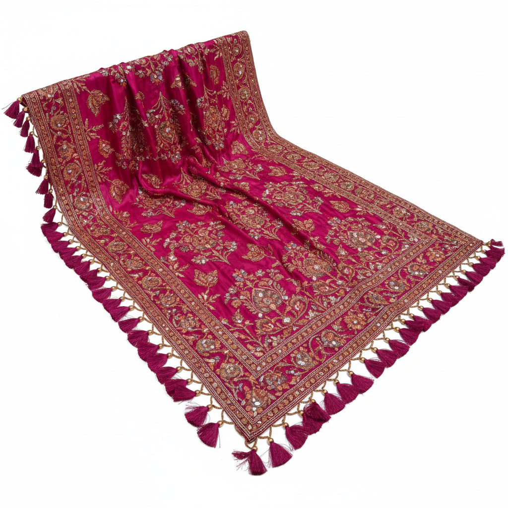 Magenta silk lehenga with heavy embroidered blouse and sheer dupatta