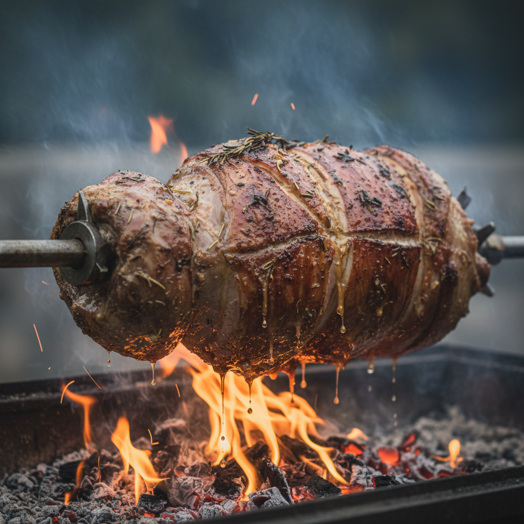 Lamb shashlik skewers glistening with fat over glowing charcoal