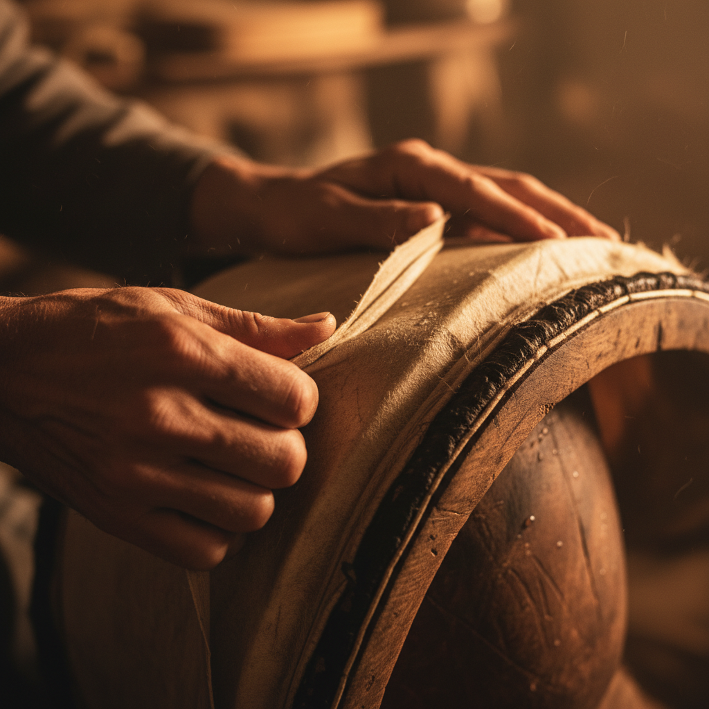 African musician playing traditional djembe drum in low warm amber light, hands blurred with motion, focused expression