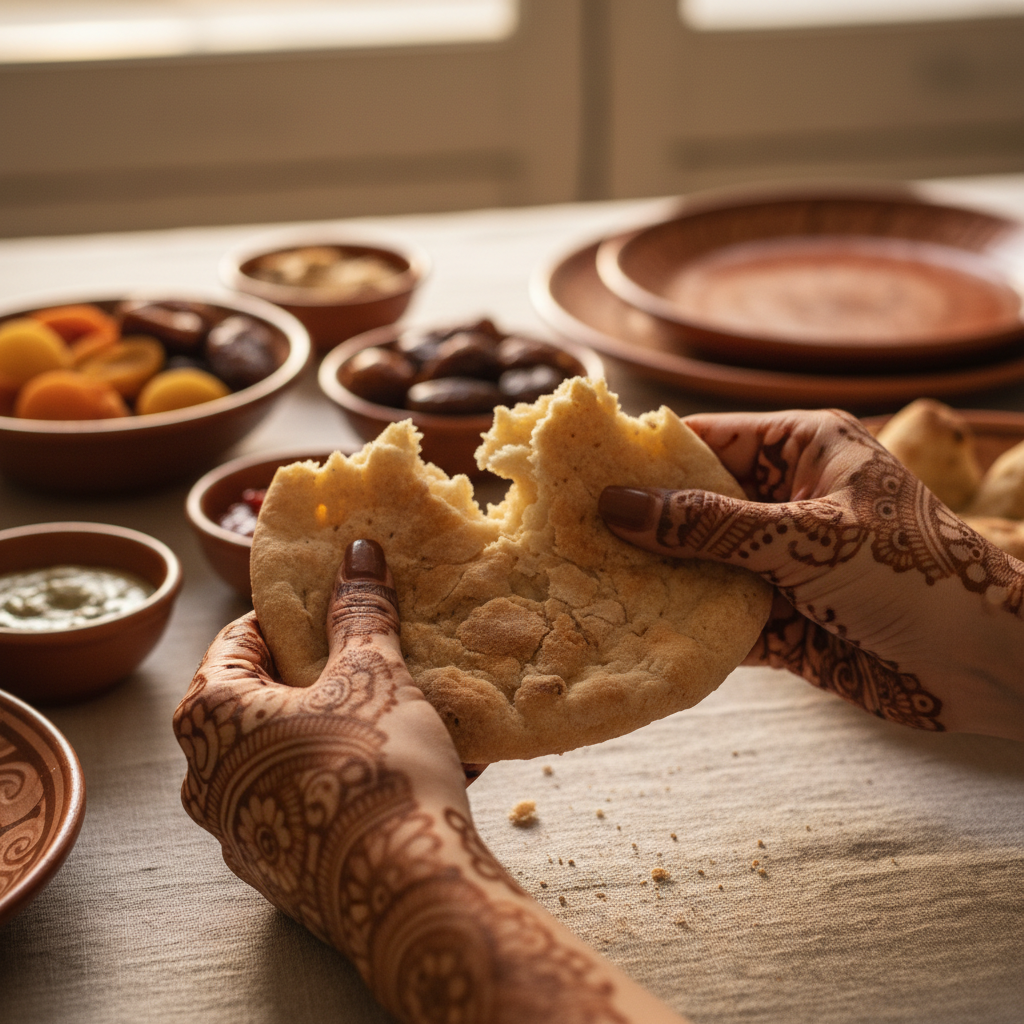 Close-up of henna-traced hands breaking bread at iftar table