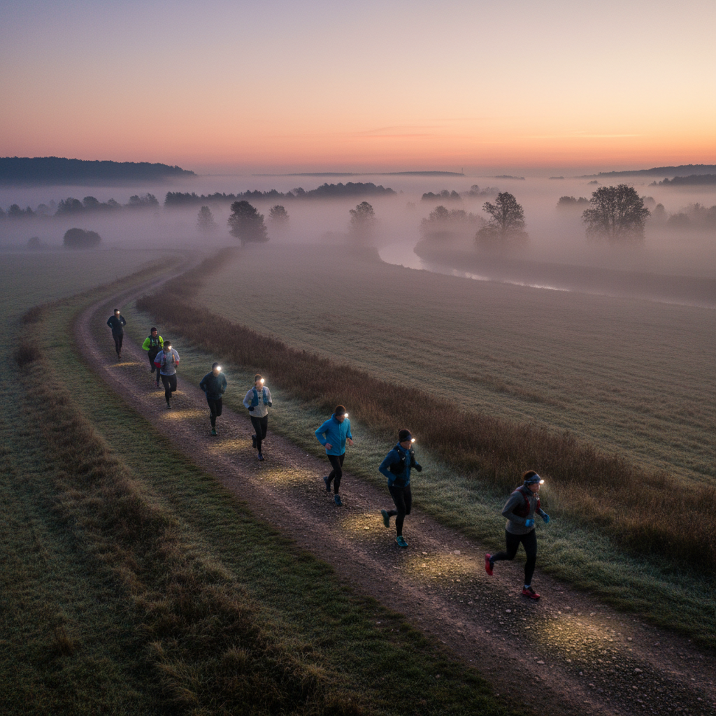 Group of club runners on a trail at dawn, headlamps still on, mist over the fields