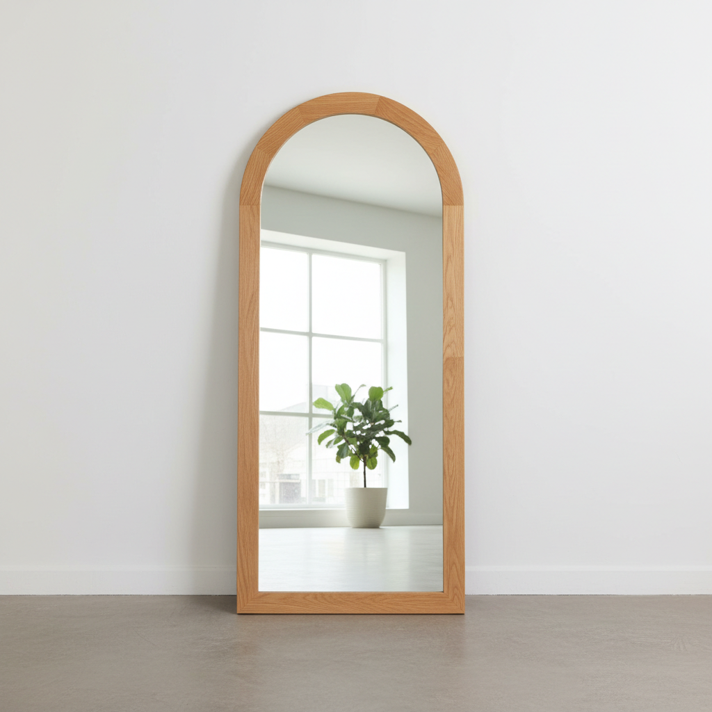 Arched full-length mirror leaning against white bedroom wall