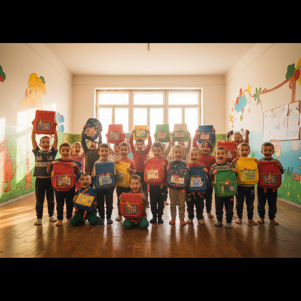 Children holding new school bags and notebooks, smiling broadly, bright classroom setting, colourful walls