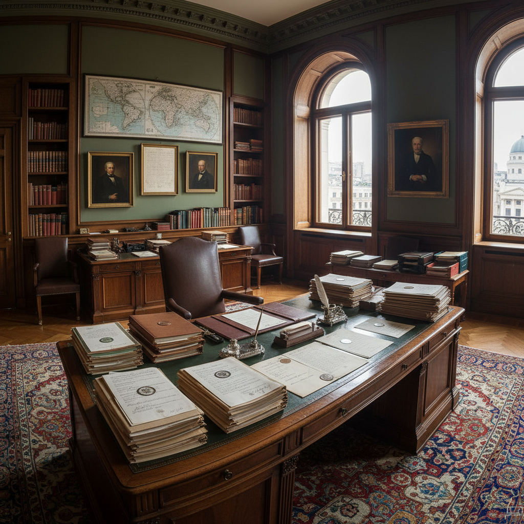 Diplomatic office interior with formal documents on a mahogany desk