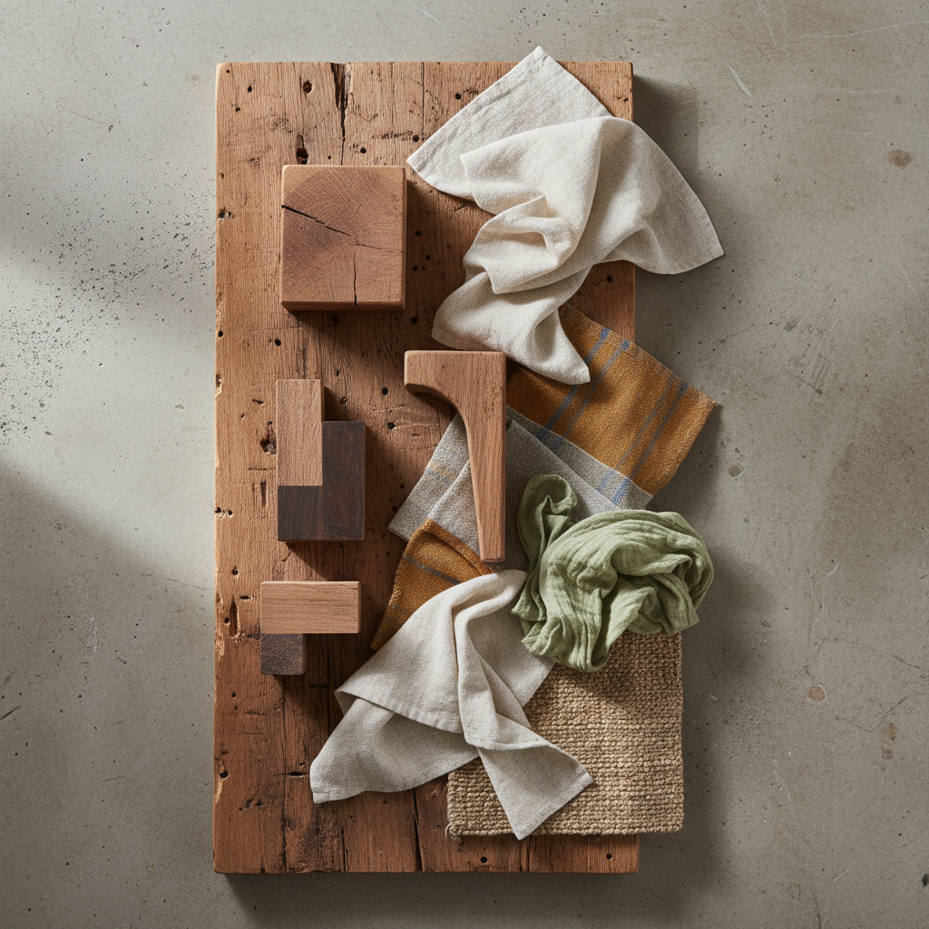 Reclaimed wood furniture and organic textile samples laid out for staging selection