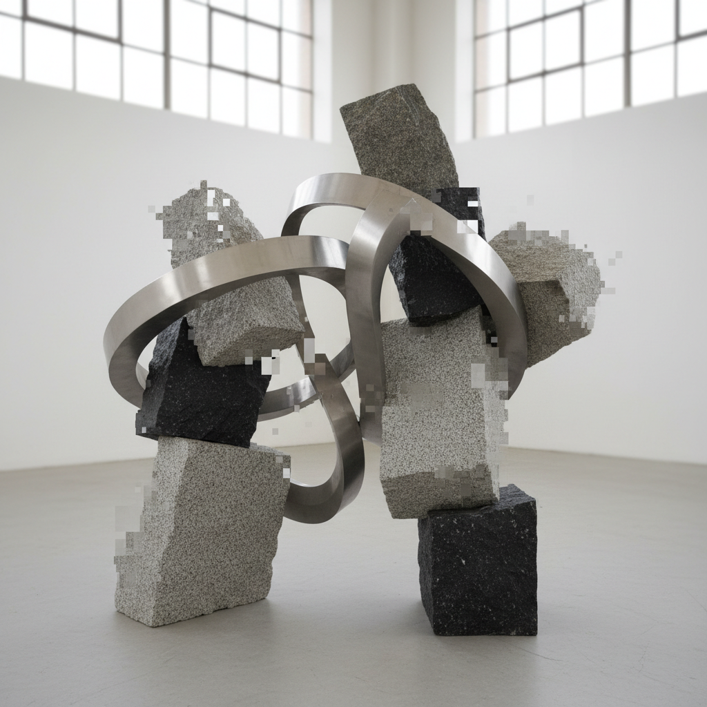 Blurred preview of steel and stone mixed-media sculpture in studio