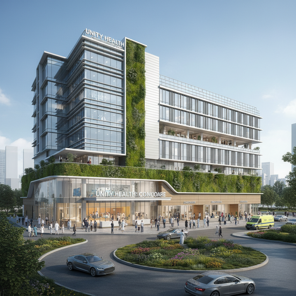Modern children's hospital exterior with colorful murals, wide entrance, and family drop-off area