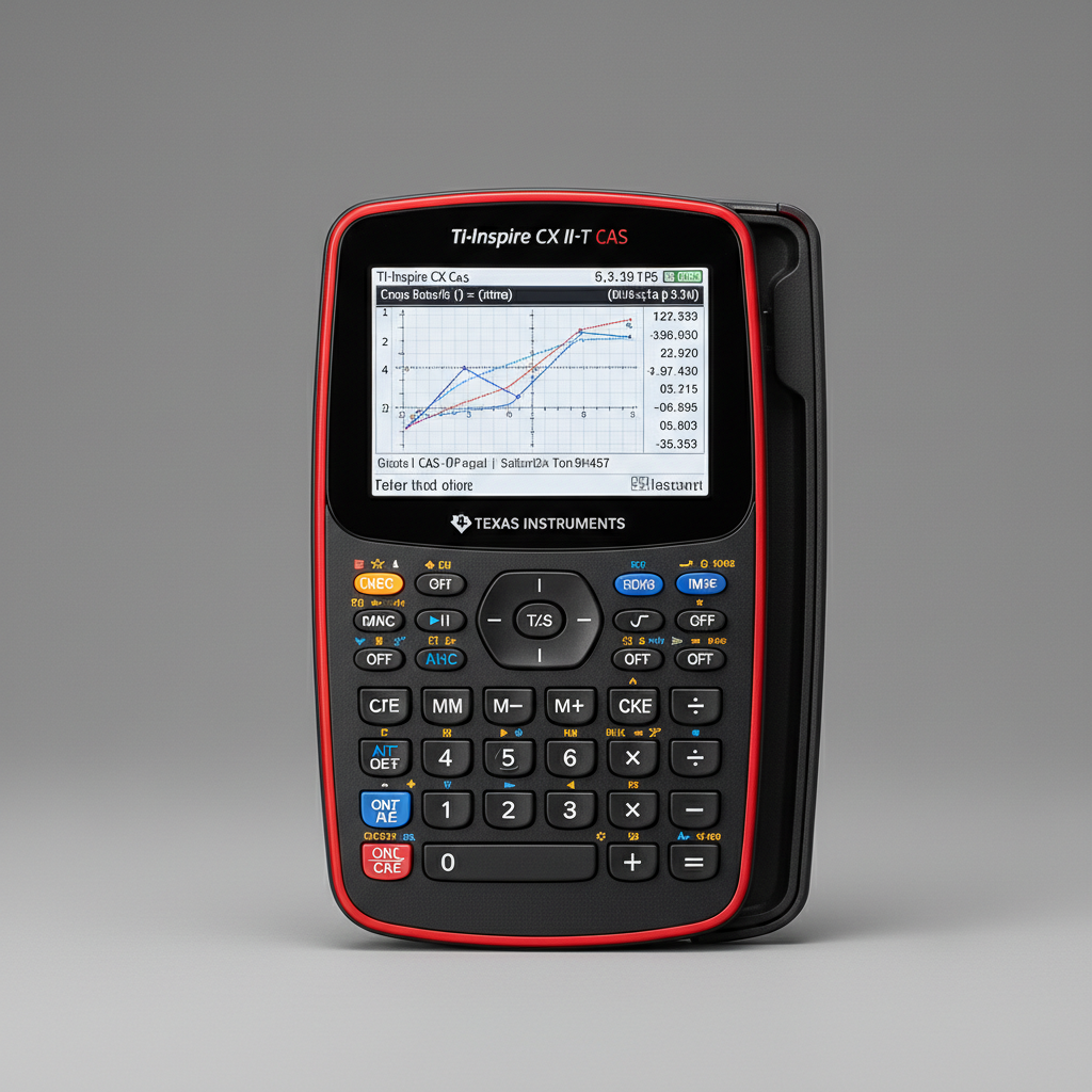 Graphing calculator on a mathematics textbook, dark background, moody study atmosphere