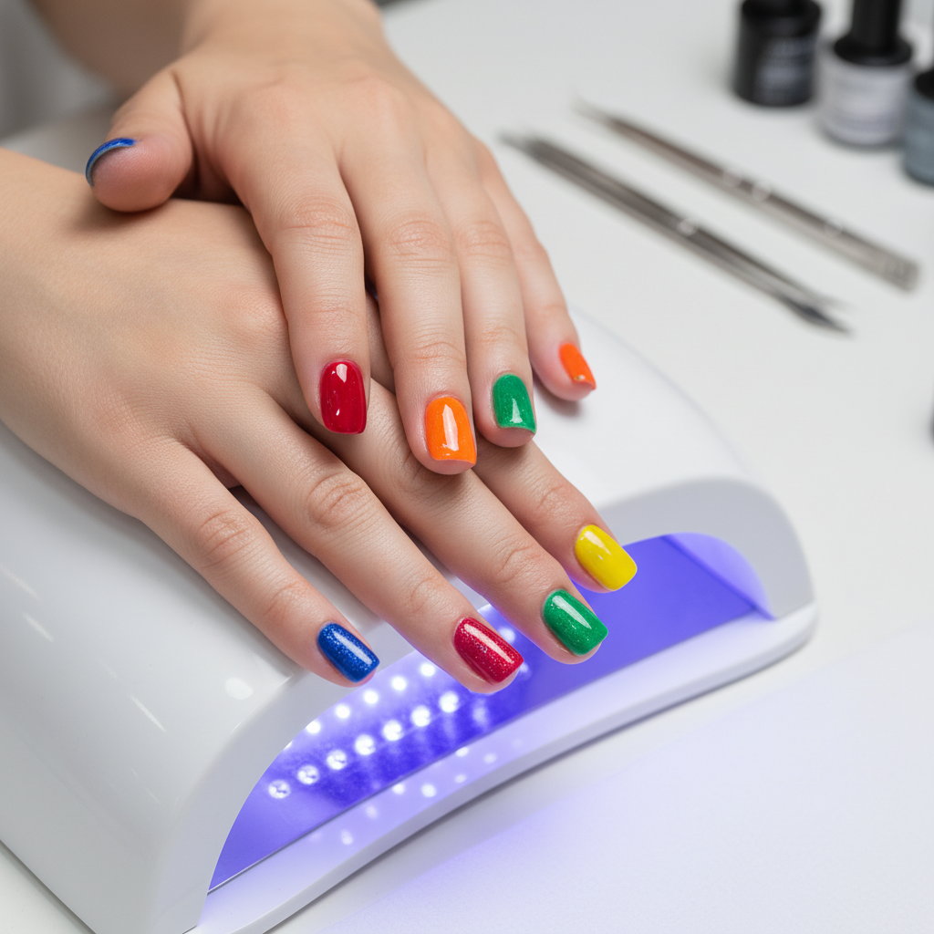 Close-up of vibrant pink gel polish nails being cured under a UV lamp
