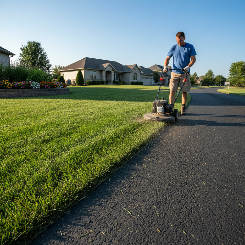 Lawn edger creating a clean crisp border along a driveway