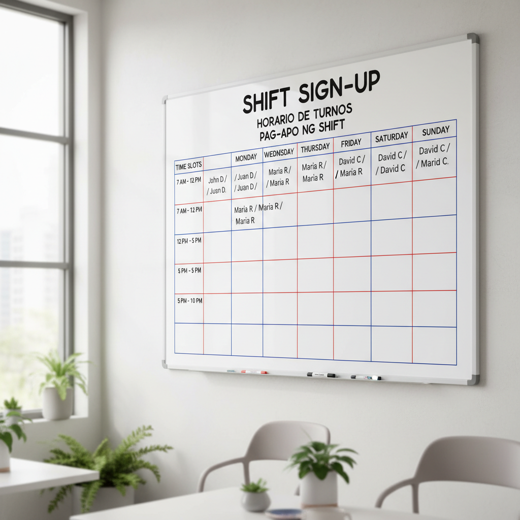 Whiteboard with shift sign-up grid written in English, Spanish, and Tagalog in a community room