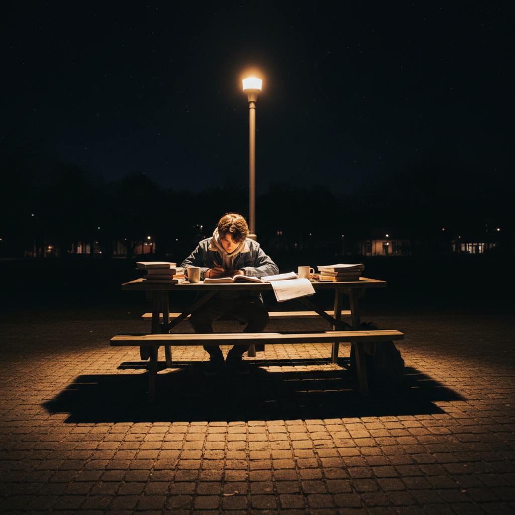 Teenager studying outside at night under a streetlight