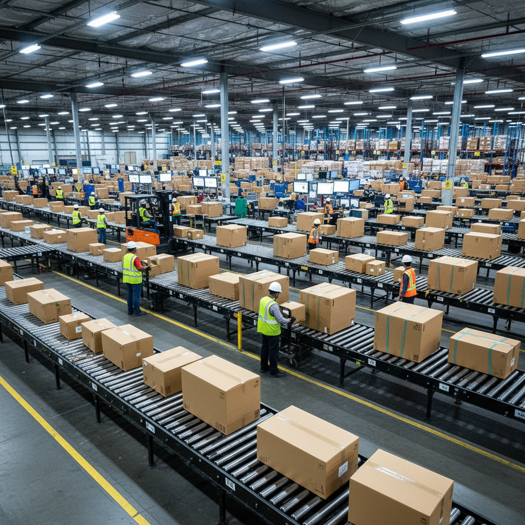 Distribution center with workers on conveyor lines, bright airy warehouse environment