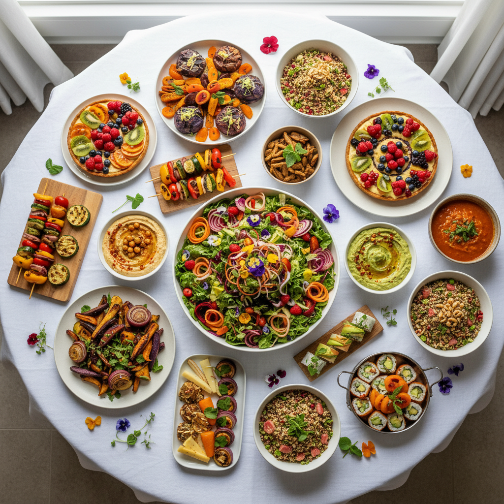 Overhead shot of colorful plant-based catering spread on white linen