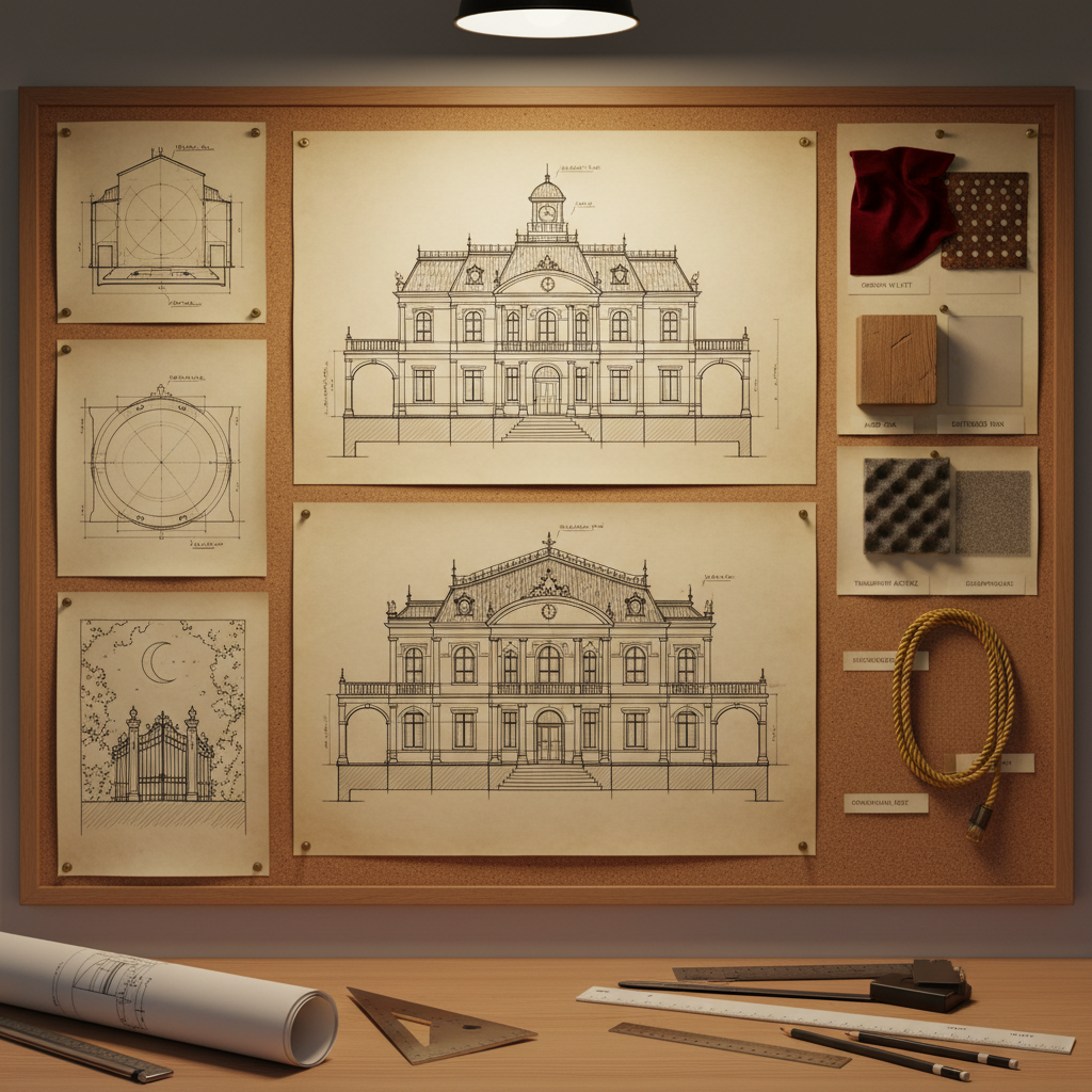 Detailed architectural elevation drawings of a set design with material swatches pinned to a cork board