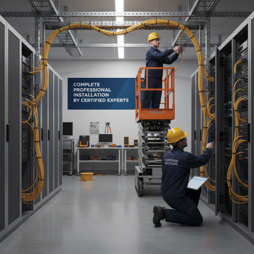 Network engineer installing structured cabling in a commercial building server room