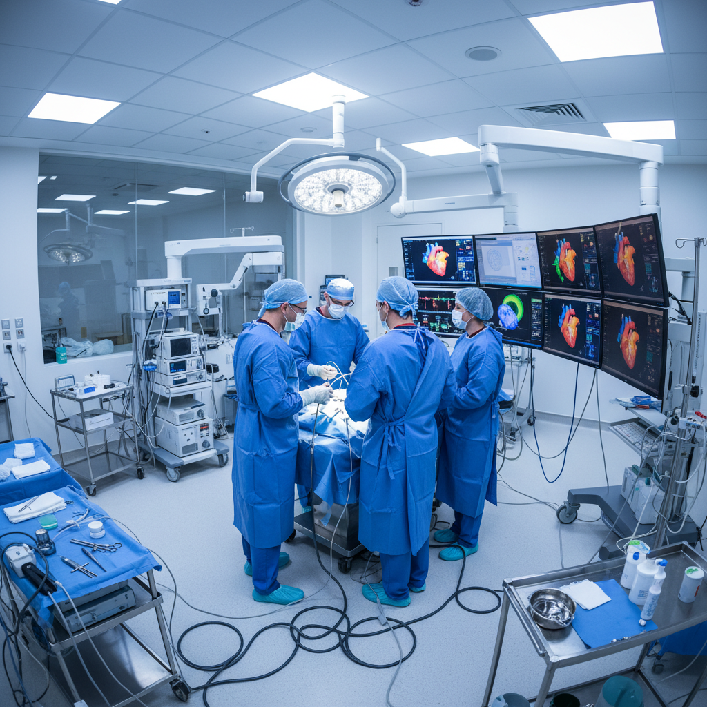Electrophysiology lab with multiple monitors showing 3D heart mapping and cardiac team performing ablation procedure