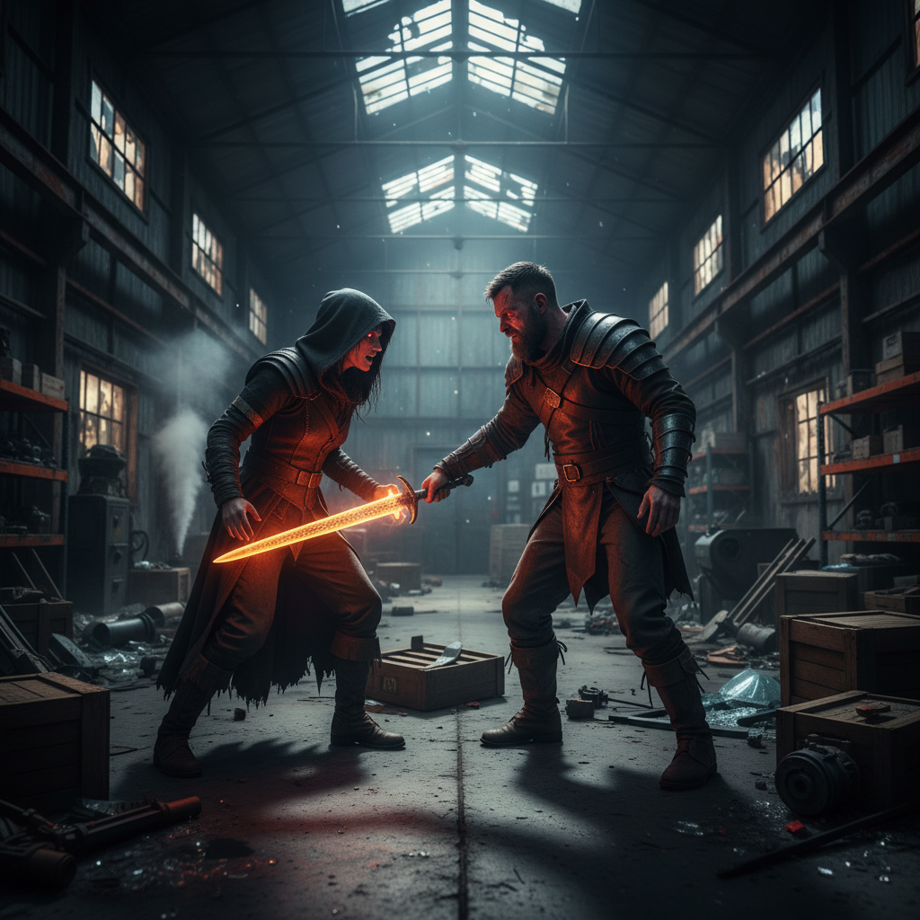 Dramatic action movie atmosphere — dark warehouse space, harsh side-lighting, smoke haze, industrial shadows, cinematic tension