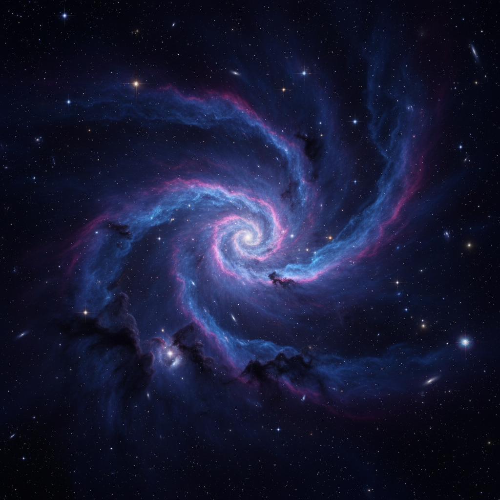 Deep space nebula with cosmic violet and blue hues, stars scattered across infinite darkness