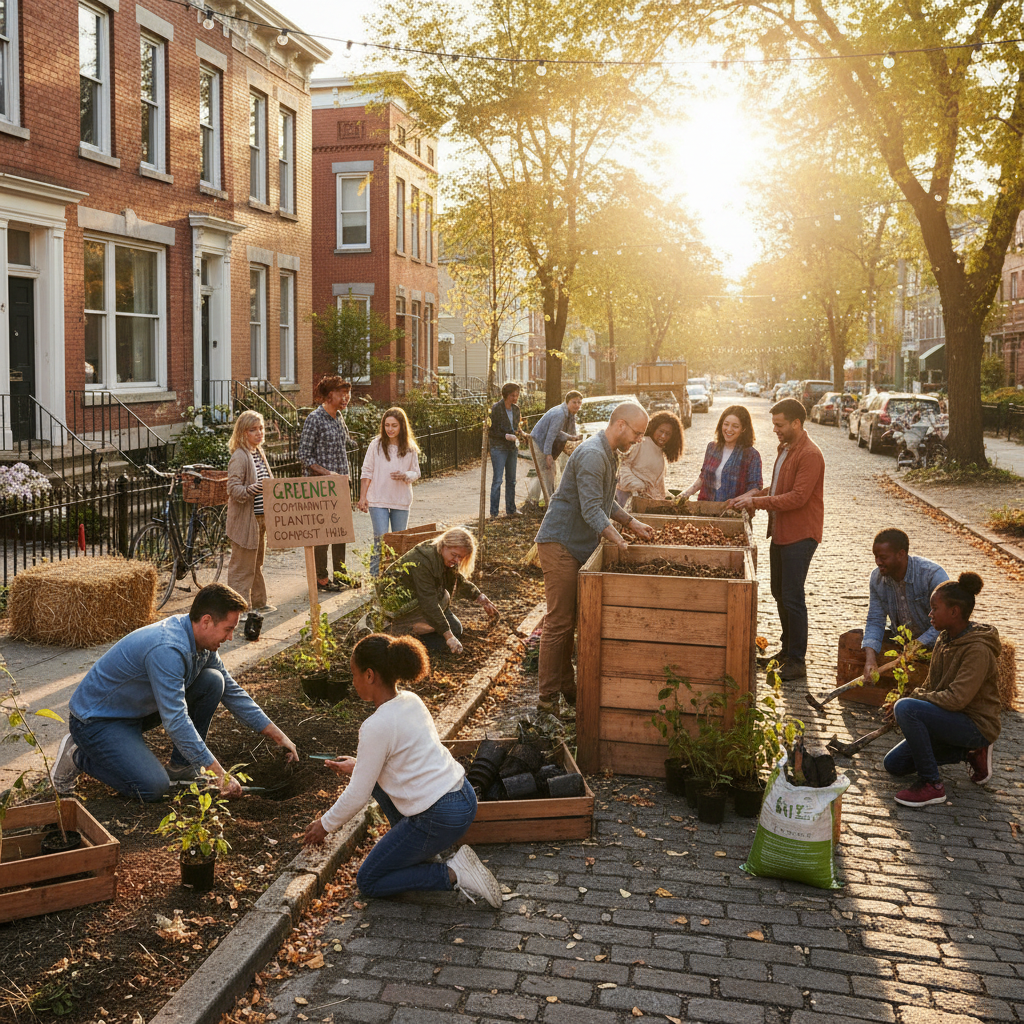 Neighbors at a golden hour block climate event — children, parents, and grandparents planting trees and sorting compost on a real neighborhood street with string lights overhead