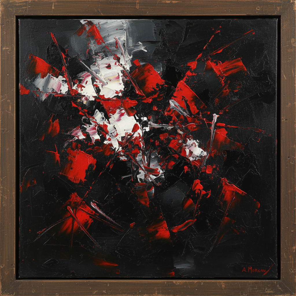 Fractured Silence oil painting with dramatic red and black gestural marks