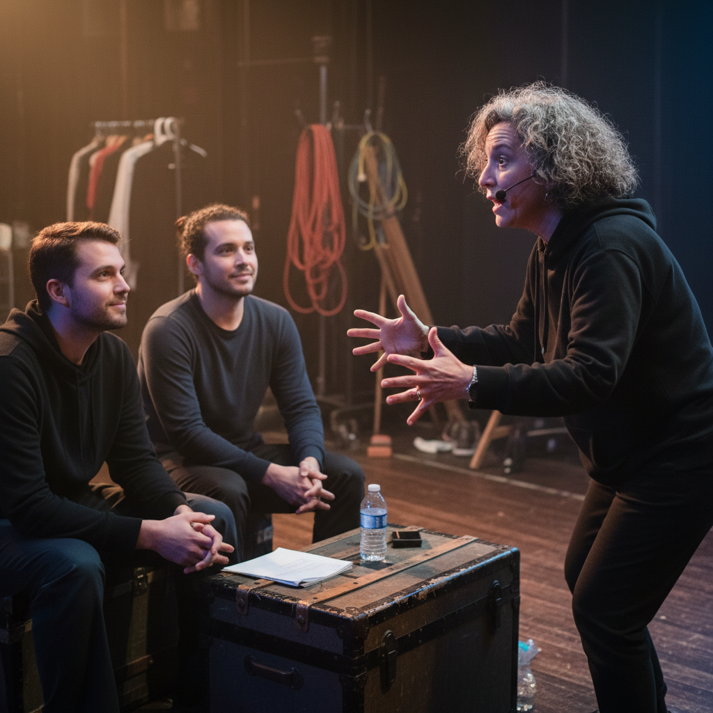 Improv coach giving notes to performers in a circle backstage, gesturing expressively
