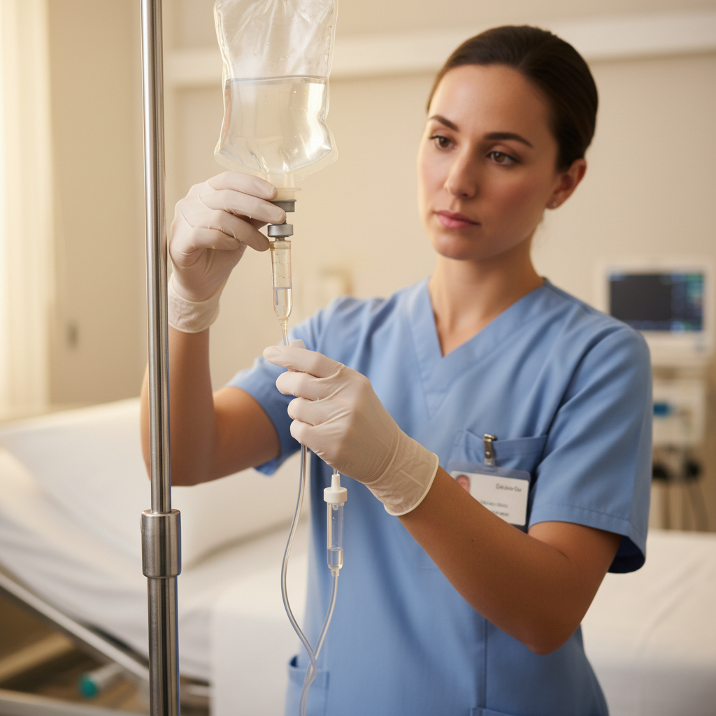 Medical IV drip setup in dark clinical room, soft blue light, premium medical equipment, atmospheric shadows