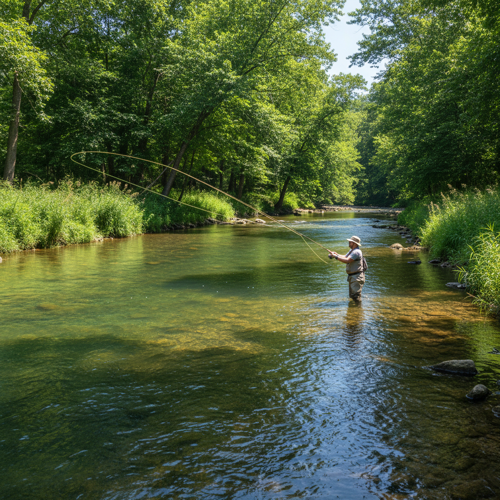 Summer fishing on the Little Red River with lush green vegetation along the banks