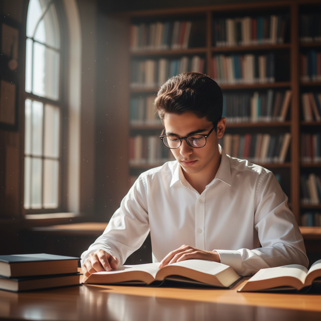 West African young man in casual shirt, glasses, university library background