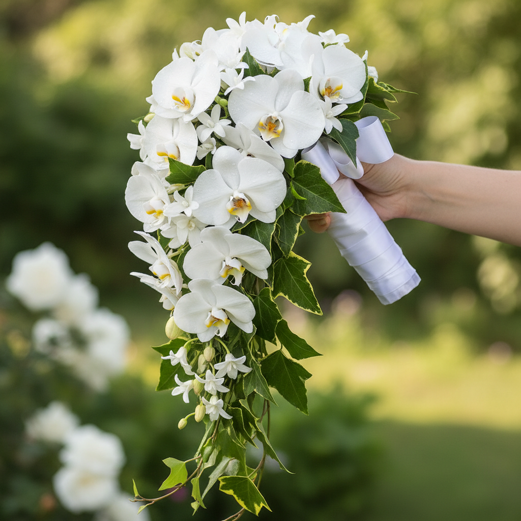 Cascading bridal bouquet with white orchids and trailing greenery for weddings